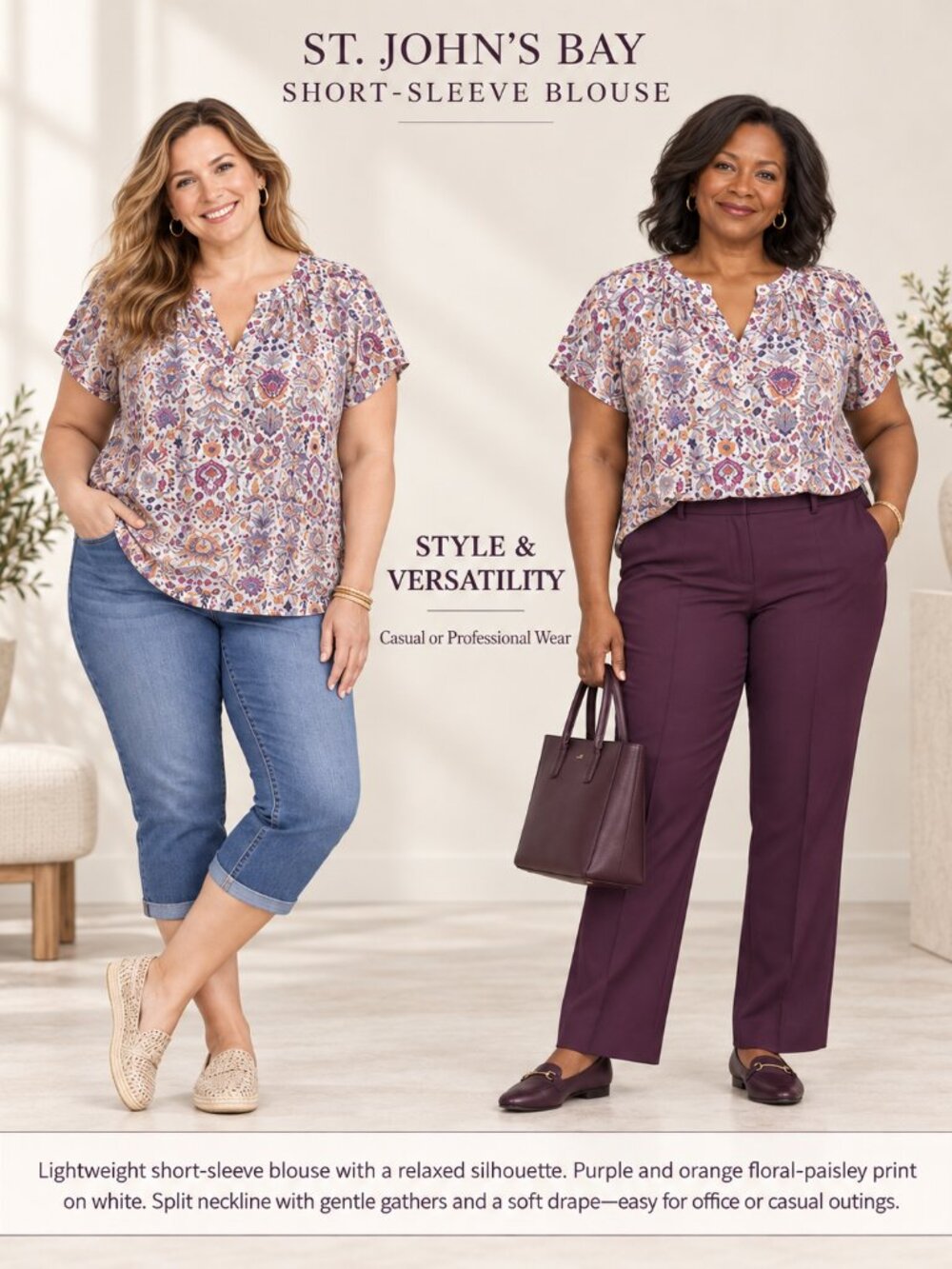St. John's Bay White Blouse with Floral & Paisley Print
